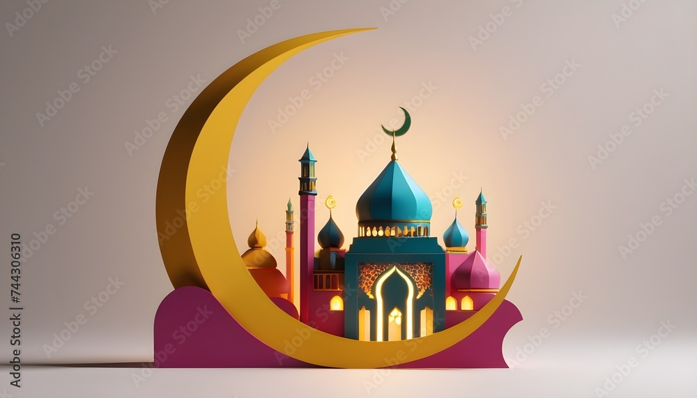 Modern 3D colorful greeting card Islamic holiday banner suitable for Ramadan, Raya Hari, Eid al-Adha and Mawlid. 