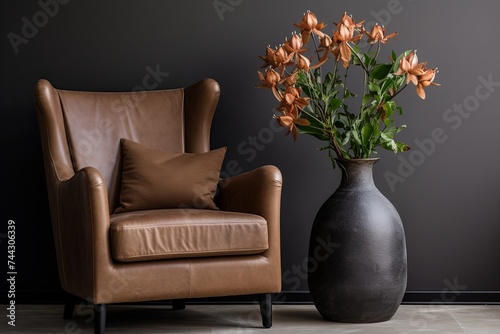 Biophilic Home Interiors: Leather Armchair Beside Flower Vase Elegance