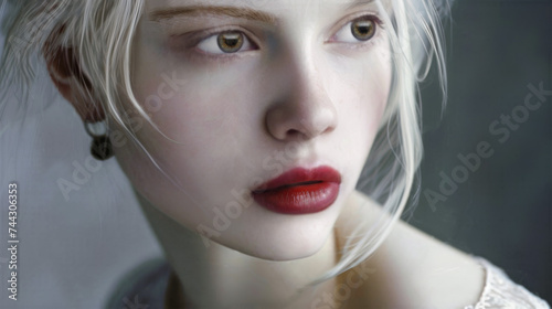 A closeup studio portrait of a blond woman with pale skin and a porcelain complexion. Cosmetics and skin care. photo