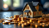 A miniature house surrounded by stacks and scattered coins, illustrating a home investment concept against a blurred background. Ai generative illustration