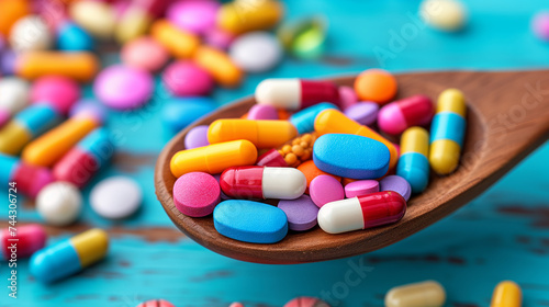 A variety of colorful pills and capsules on a wooden spoon against a blue background. Ai generative illustration