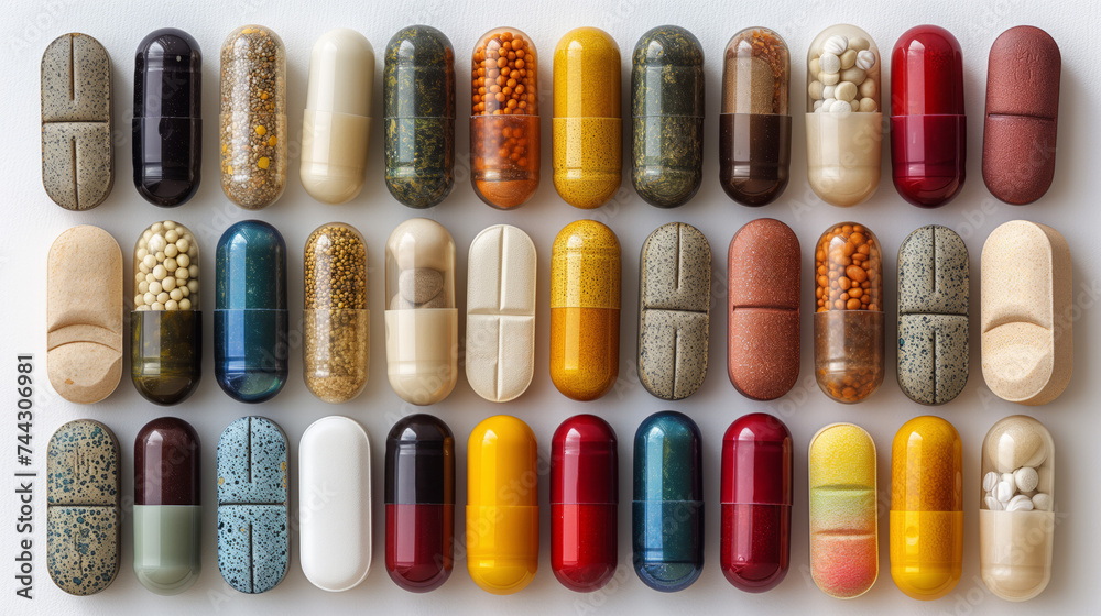 A variety of colorful pills and capsules displayed neatly, representing medicine and healthcare. Ai generative illustration - obrazy, fototapety, plakaty 