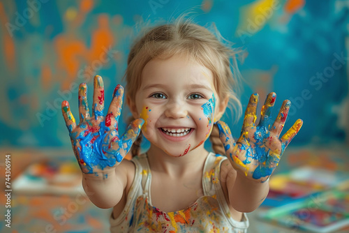 Happy child with paint-covered hands showing to the camera. Creative play and education concept. Preschooler s art and craft activity. Studio portrait with a colorful background. World Children s Day