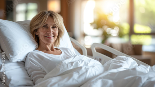 A person is smiling from a hospital bed, depicting a healthcare environment. Ai generative illustration photo