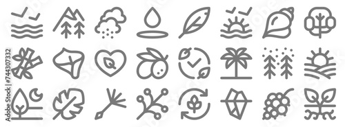 nature line icons. linear set. quality vector line set such as plant, iceberg, branch, night, winter, eco friendly, tree, feather, mountain