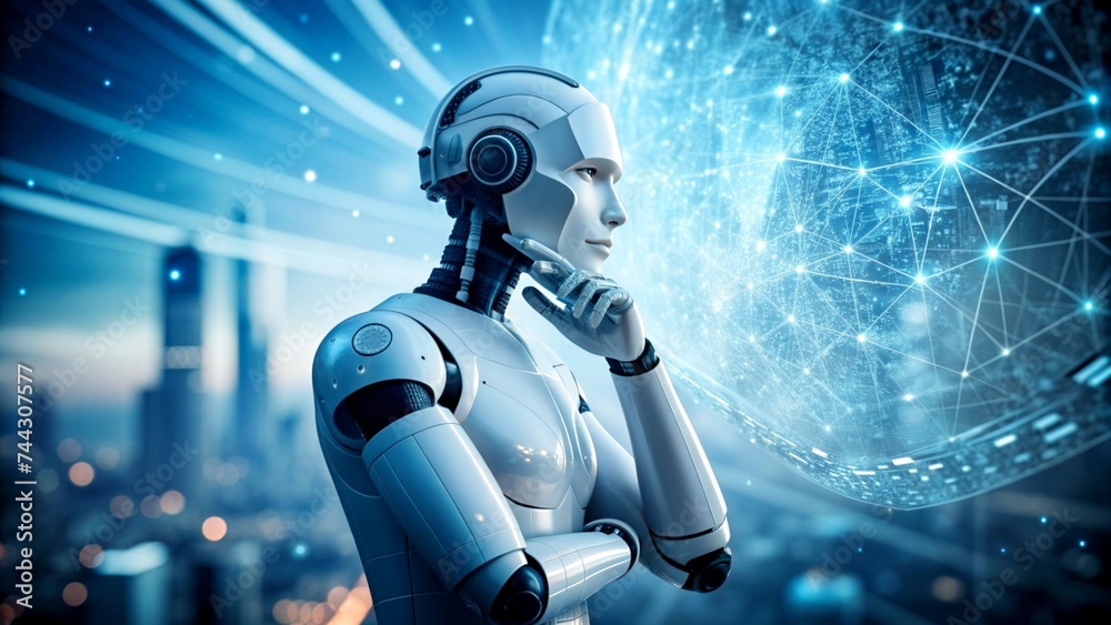 Human like robot with futuristic background, artificial intelligence Human like robot with futuristic background, artificial intelligence
