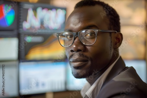 African Businessman Focused on Data Analysis with Glasses