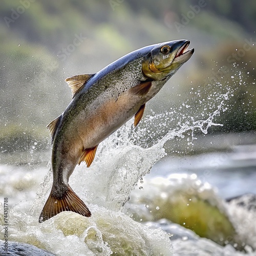 Salmon jumping out of water in river