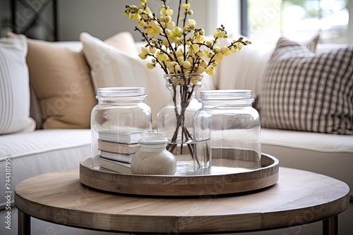 Farmhouse Touch: Glass Coffee Table Decor Ideas with Jar Decorations © Michael