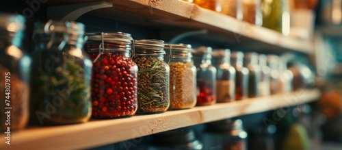 A collection of assorted spices neatly arranged on a wooden shelf in glass jars © AkuAku