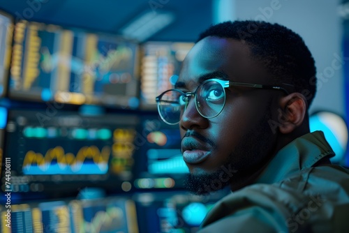 Black Man in Business Suit Analyzing Stock Charts in a Trading Room