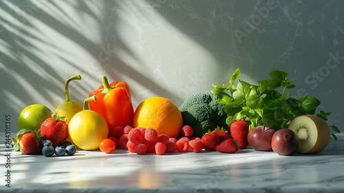 Assorted fresh fruits and vegetables on a marble surface with natural light casting shadows. Healthy diet and nutrition concept. Still life food photography for design and print