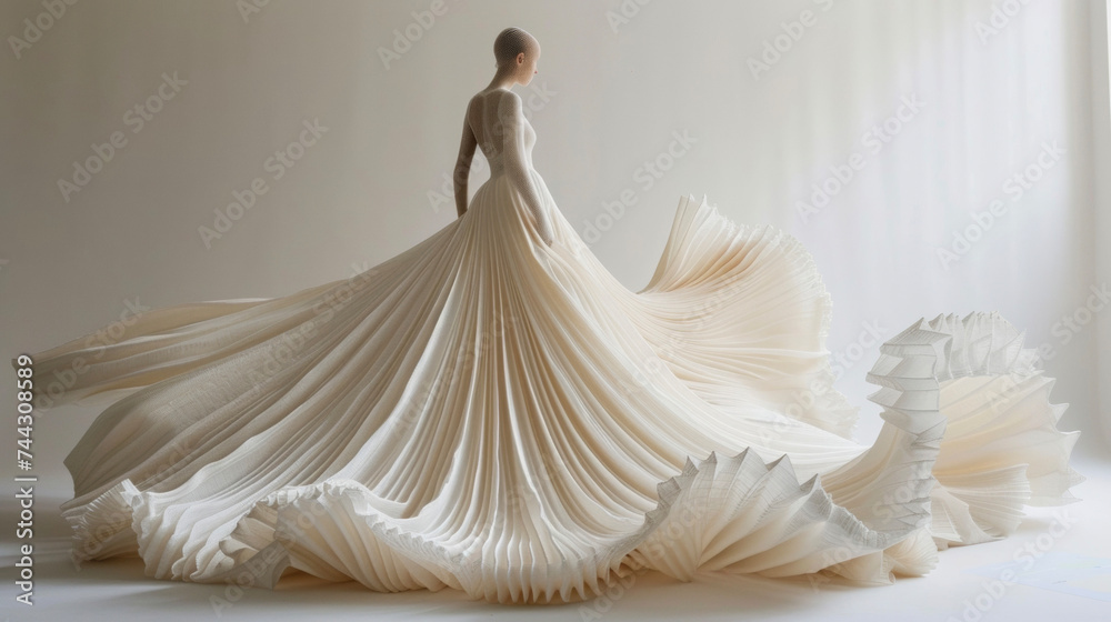 An elegant and dramatic outfit featuring a 3D printed gown with a floorsweeping train made from sustainable silk. The bold and sustainable design would be perfect for a fashion