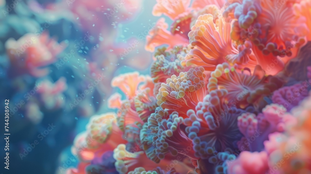 Vibrant Sea Anemone Cluster in Underwater Ecosystem. A mesmerizing underwater landscape of colorful sea anemones, showcasing the vibrant and complex beauty of oceanic coral reef ecosystems.