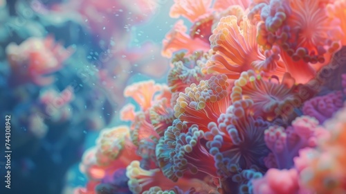 Vibrant Sea Anemone Cluster in Underwater Ecosystem. A mesmerizing underwater landscape of colorful sea anemones  showcasing the vibrant and complex beauty of oceanic coral reef ecosystems.