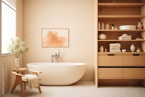 Mid-Century Minimalist Bath  Sleek Tub  Terracotta Accents   Wooden Cabinets