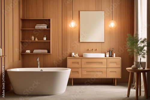 Chic Nordic Fusion  Mid-Century Bathroom with Sleek Tub  Wooden Cabinets  and Terracotta Touches