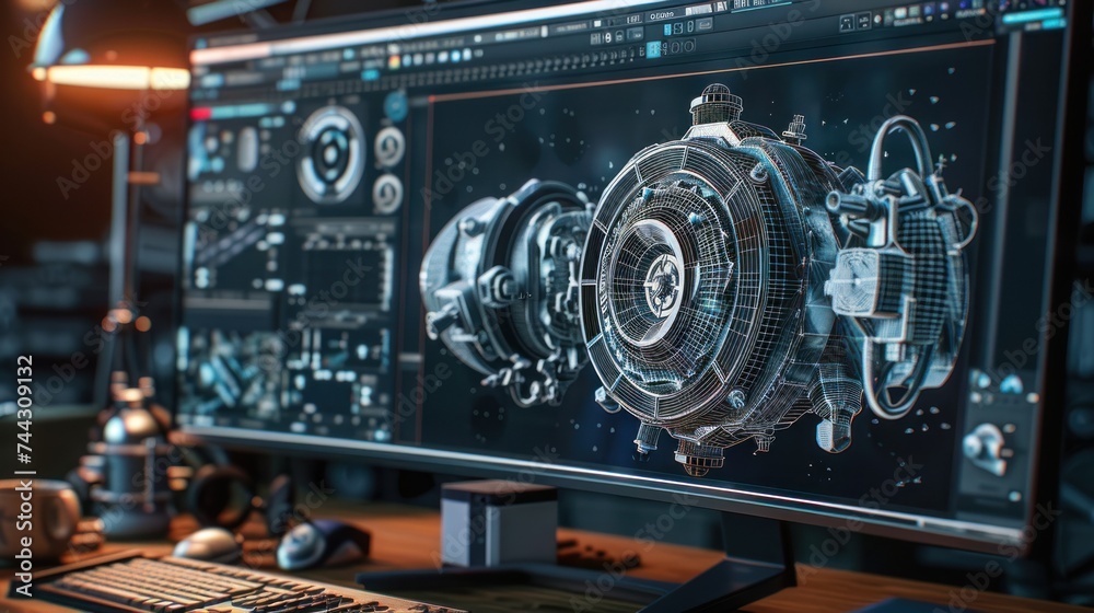 Advanced 3D Engine Visualization on Computer Screen. A high-resolution 3D model of an engine displayed on a computer screen, showcasing intricate design and engineering visualization.