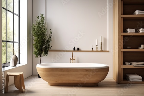 Sleek Tub and Wooden Vanity  Mid-Century Bathroom Inspirations with Scandinavian Elements in Minimalist Style