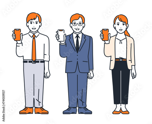 スマートフォンの画面を見せる3人の会社員のシンプルなベクターイラストセット素材