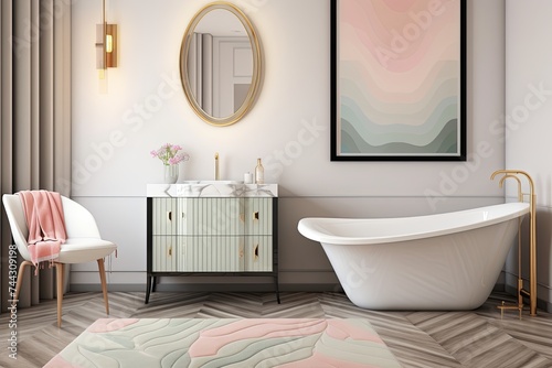 Mid-Century Modern Bathroom with Wooden Floor  Chic Rug  Pastel Accents  and Art Deco Mirror