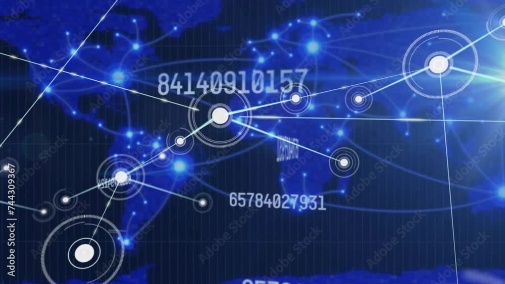 Animation of network of connections and world map on dark background Animation of network of connections and world map on dark background