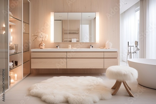 Mid-Century Inspired Modern Bathroom: Wooden Vanity, Pastel Rugs, Chic Lighting & Scandinavian Elements