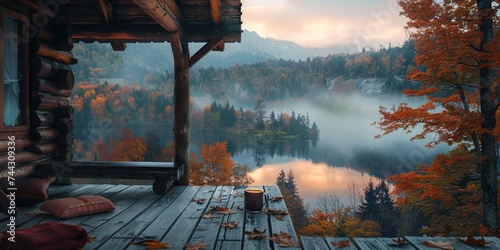 A cozy wooden porch with autumn vibes overlooking a misty lake during fall season photo