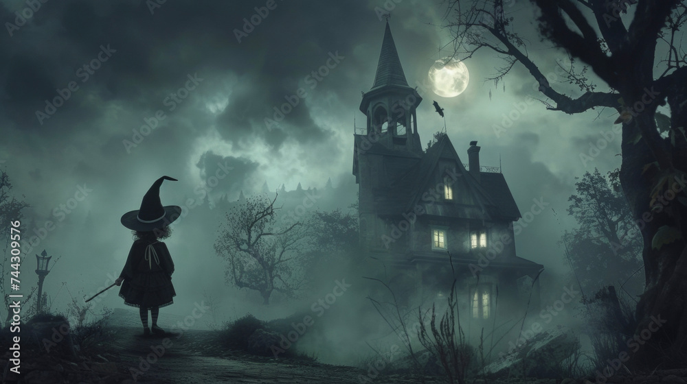 A young child dressed as a witch complete with a pointy hat and broomstick standing in front of a haunted house background.