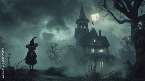 A young child dressed as a witch complete with a pointy hat and broomstick standing in front of a haunted house background. photo