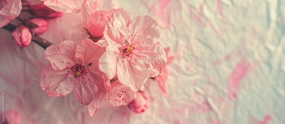 Beautiful pink flowers blooming on a pure white background for springtime designs and concepts