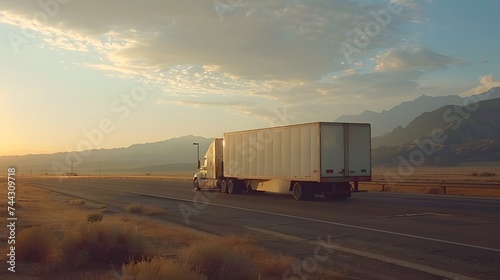 a white cargo truck with a white blank empty trailer for ad on a highway road in the united states. beautiful nature mountains and sky. golden hour sunset. driving in motion. photo