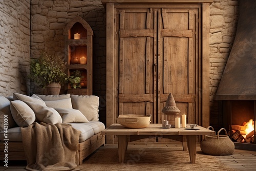 Rustic Living Room Delight  Antique Door Designs  Wooden Furniture   Cozy Textiles