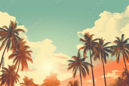Retro palm beach sky. Sunrise island. Generate Ai photo
