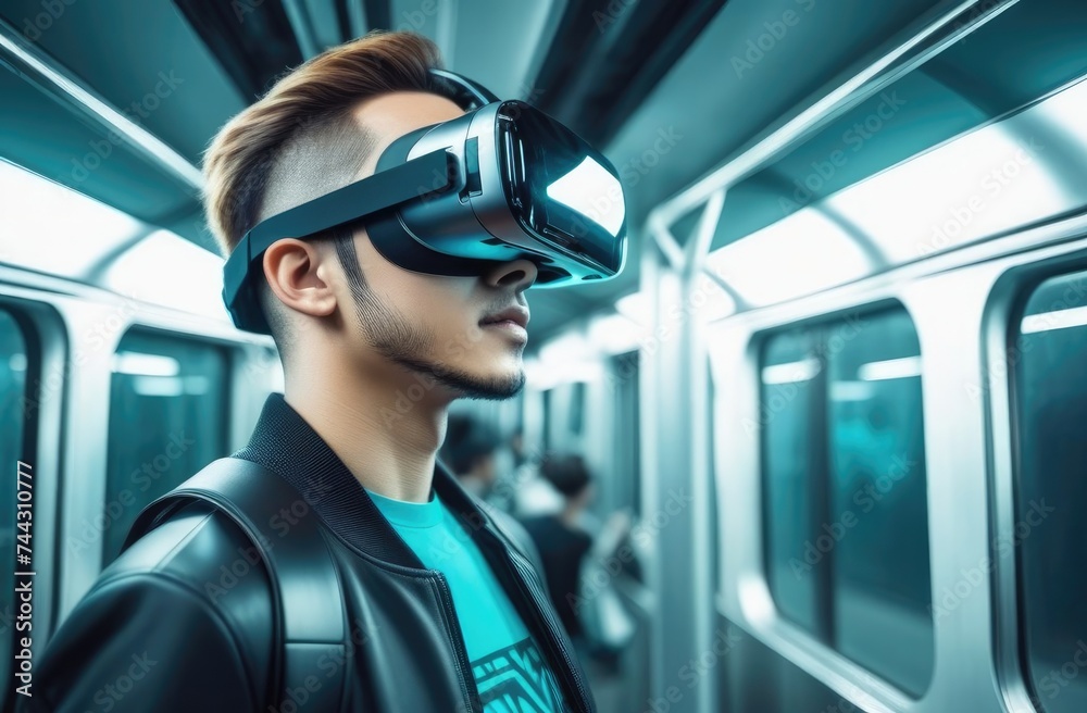Man in virtual reality helmet,mixed reality,Virtual subway walks. The effect of being present in the place of interest. New technologies. Man in virtual reality helmet,mixed reality,Virtual subway walks. The effect of being present in the place of interest. New technologies.