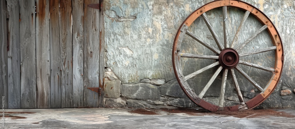 This photo captures an old wooden wheel leaning against a weathered wall. The aged wood and rustic textures create a vintage and nostalgic scene. This photo captures an old wooden wheel leaning against a weathered wall. The aged wood and rustic textures create a vintage and nostalgic scene.
