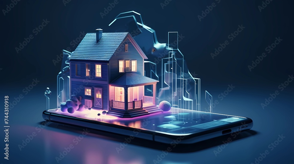 Smartphone with a house on the screen, Generative AI illustrations. - obrazy, fototapety, plakaty 