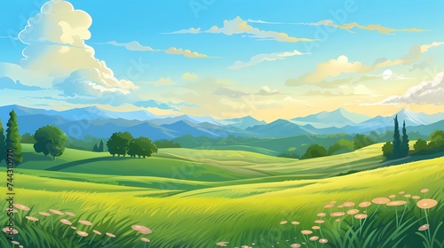 Beautiful summer landscape with green hills and blue sky, Generative AI illustrations. © jbstocks