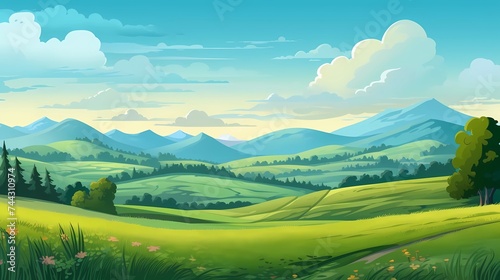 Beautiful landscape with meadow, mountains and blue sky, Generative AI illustrations.