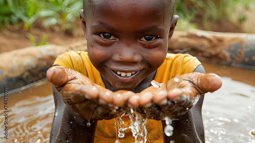 African children enjoy clean water and stretches out his hands to tank with fountain of clean water