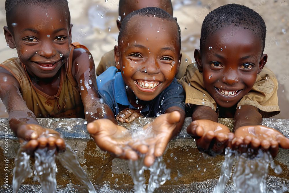 African children enjoy clean water and stretches out his hands to tank with fountain of clean water - obrazy, fototapety, plakaty 