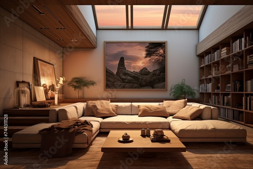 Sunken Living Room Concept: Brown Sofa Contrasting with Light Walls in Stylish Harmony