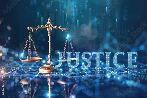 Unbiased artificial intelligence, Scales of Justice in Digital World Concept. Digital illustration Scales on futuristic blue data network background. Fairness and equality in ethical AI systems 