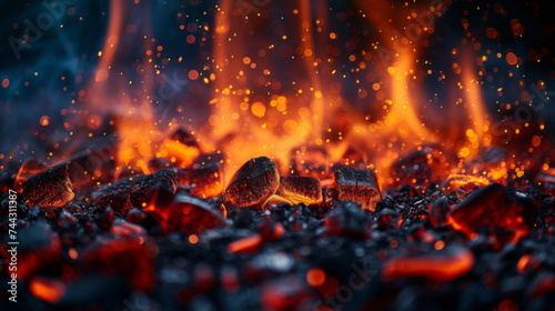 Closeup of the crackling fire with tiny sparks exploding and adding to the texture of the flames.