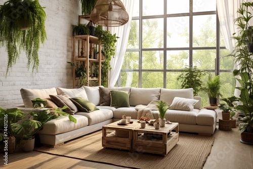 Greenery Loft Design: Urban Jungle Living Room Interior with Plant Sofa and Pendant photo
