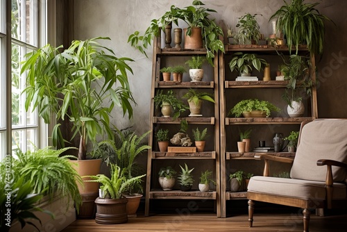 Green Oasis: Urban Jungle Living Room Interiors with Rustic Wooden Shelf