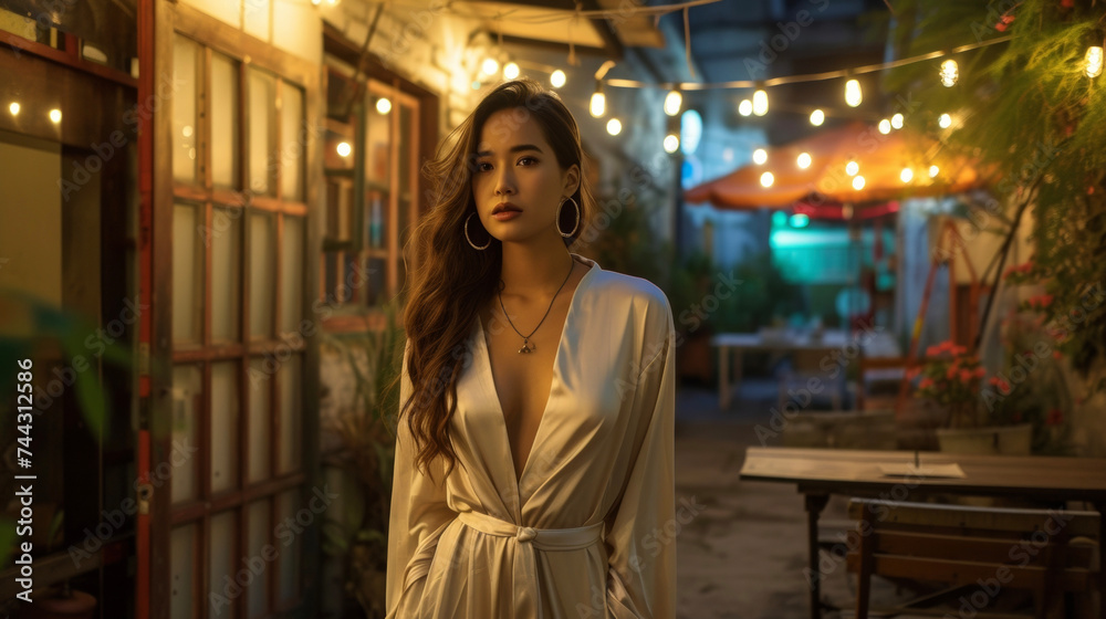 A loosefitting silky jumpsuit in a neutral tone is paired with understated hoop earrings and a minimalist belt. The background is a chic outdoor restaurant with ling string