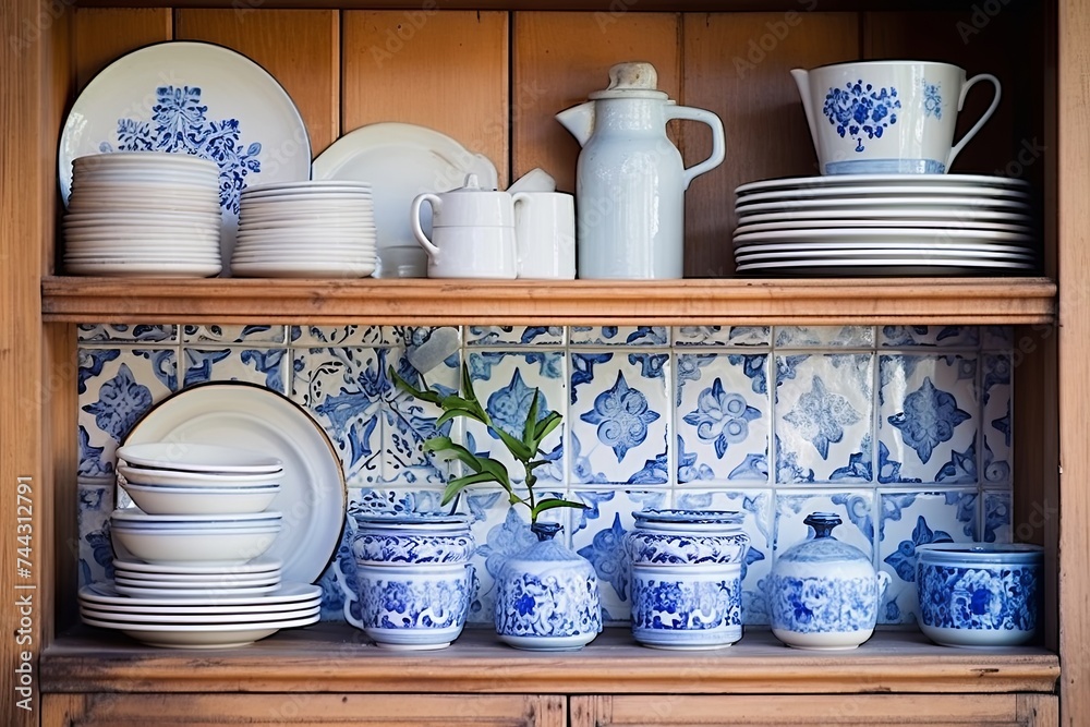 Vintage Coastal Kitchen Inspirations with Blue and White Tiled Backsplash