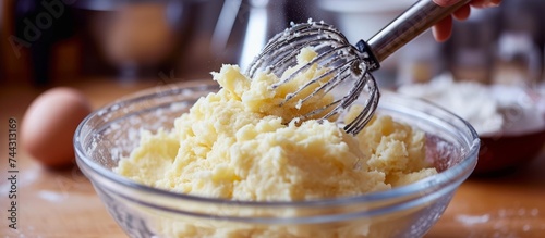 Person energetically mixing a bowl filled with flour and eggs in a cooking frenzy photo