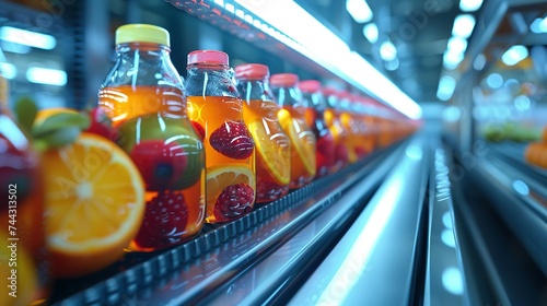 Juice bottles with fruit on a conveyor belt